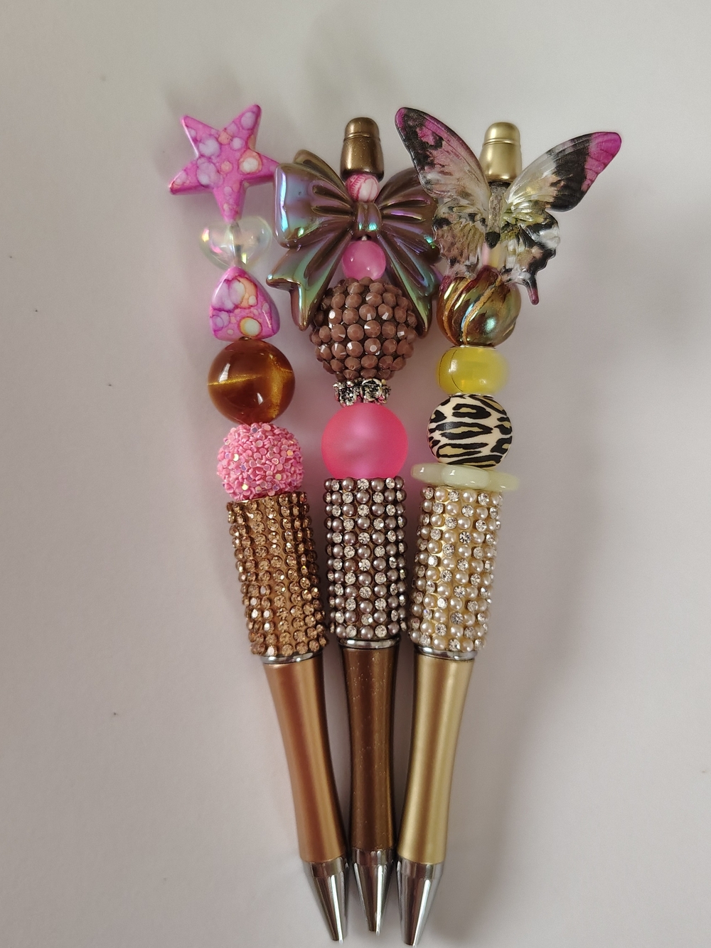Pink,Brown,Gold Beaded Decorative Ballpoint Pens- Women's Accessory